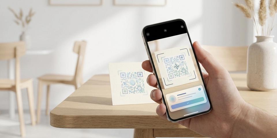En hand håller en smartphone vars kamera skannar en QR-kod och visar en länknotis på skärmen