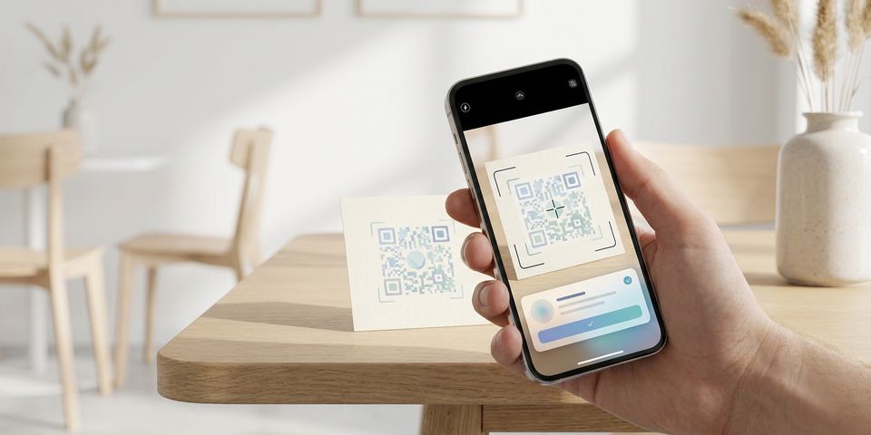 En hand håller en smartphone vars kamera skannar en QR-kod och visar en länknotis på skärmen