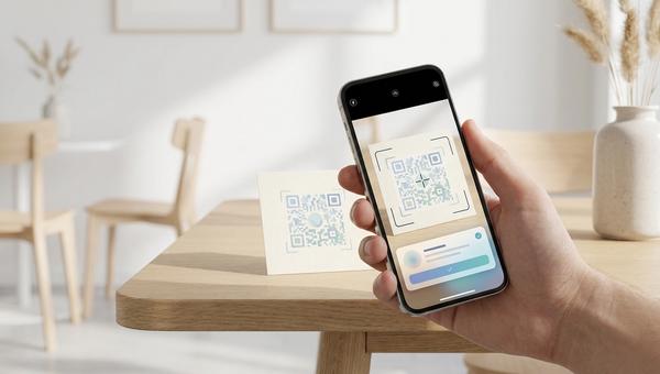 En hand håller en smartphone vars kamera skannar en QR-kod och visar en länknotis på skärmen