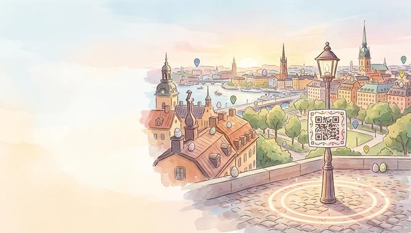 Akvarellillustration av en QR-klistermärke på en lyktstolpe i Stockholms gamla stan, omgärdad av en lysande cirkel som markerar geofence-radien, med pastellfärgade påskägg och kartnålar utspridda mot stadens silhuett.