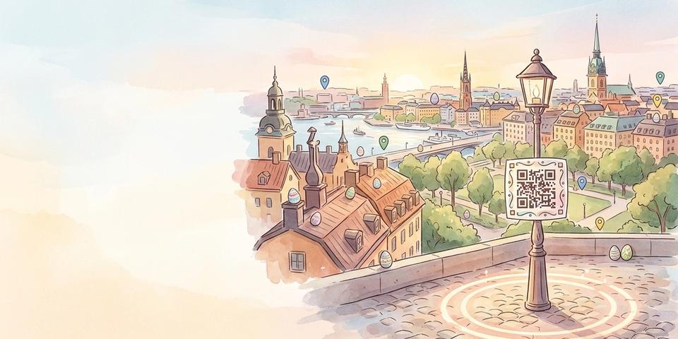 Akvarellillustration av en QR-klistermärke på en lyktstolpe i Stockholms gamla stan, omgärdad av en lysande cirkel som markerar geofence-radien, med pastellfärgade påskägg och kartnålar utspridda mot stadens silhuett.