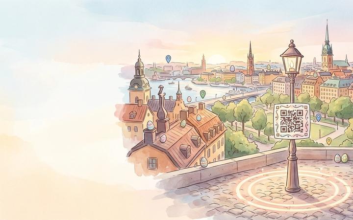 Akvarellillustration av en QR-klistermärke på en lyktstolpe i Stockholms gamla stan, omgärdad av en lysande cirkel som markerar geofence-radien, med pastellfärgade påskägg och kartnålar utspridda mot stadens silhuett.