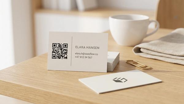 En liten stapel minimalistiska visitkort på en ljus ekbordsyta, där det översta kortet visar en skarp svart QR-kod på en sidopanel och ett kort ligger vänt med en ren logotyp på baksidan, bredvid en mässingsgem och en vit kaffekopp.