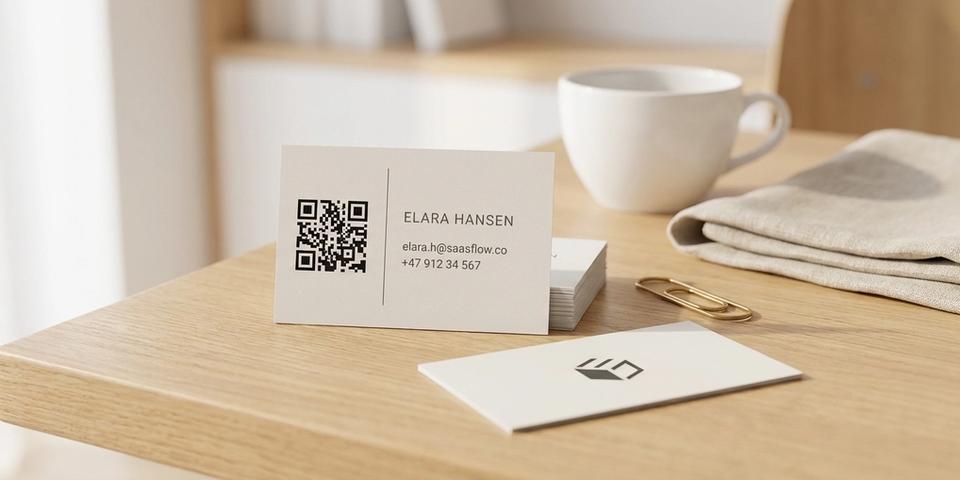 En liten stapel minimalistiska visitkort på en ljus ekbordsyta, där det översta kortet visar en skarp svart QR-kod på en sidopanel och ett kort ligger vänt med en ren logotyp på baksidan, bredvid en mässingsgem och en vit kaffekopp.