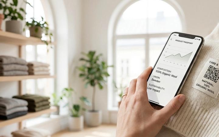 En hand skannar en QR-kod på en textiletikett och får upp produktens material och hållbarhetsinformation på mobilen