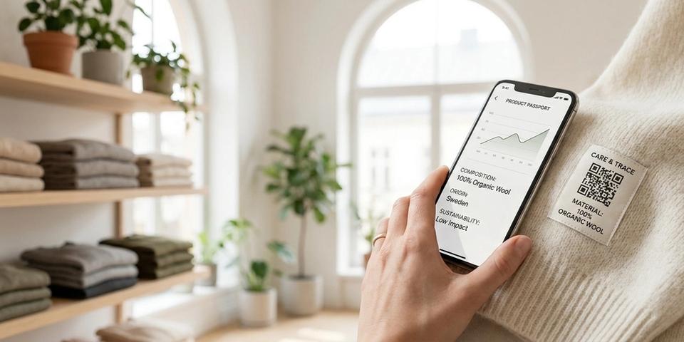 En hand skannar en QR-kod på en textiletikett och får upp produktens material och hållbarhetsinformation på mobilen