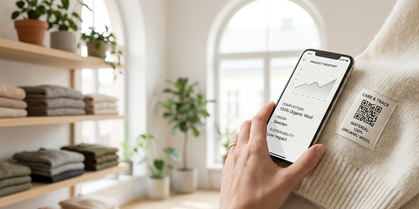 En hand skannar en QR-kod på en textiletikett och får upp produktens material och hållbarhetsinformation på mobilen