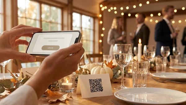 En gäst på en höstlig kick-off-middag skannar QR-koden på sitt namnkort vid det dukade bordet och får upp presentkortet med inlösenknapp på mobilen
