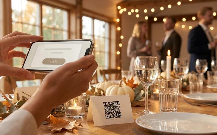 En gäst på en höstlig kick-off-middag skannar QR-koden på sitt namnkort vid det dukade bordet och får upp presentkortet med inlösenknapp på mobilen