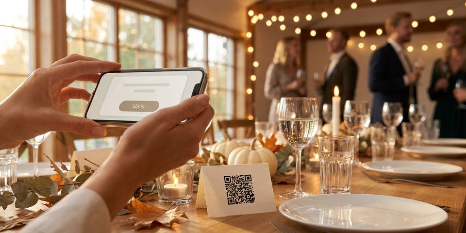 En gäst på en höstlig kick-off-middag skannar QR-koden på sitt namnkort vid det dukade bordet och får upp presentkortet med inlösenknapp på mobilen