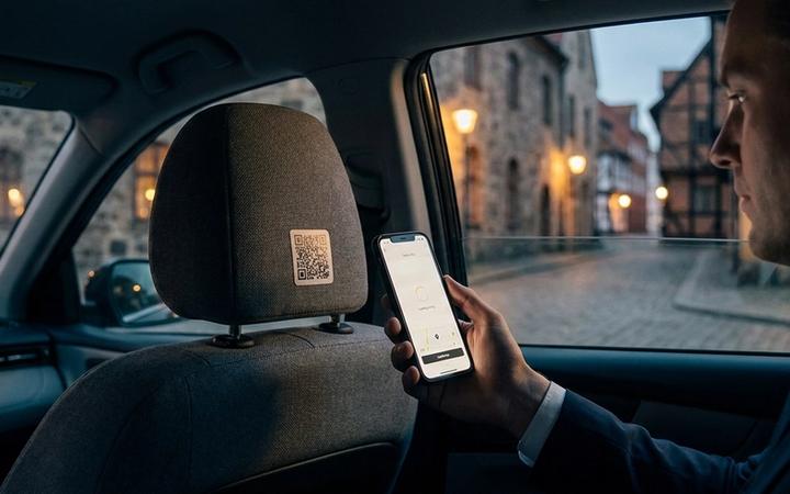 En företagsresenär i baksätet på en taxi skannar en QR-kod på nackstödet och öppnar taxiappen på mobilen