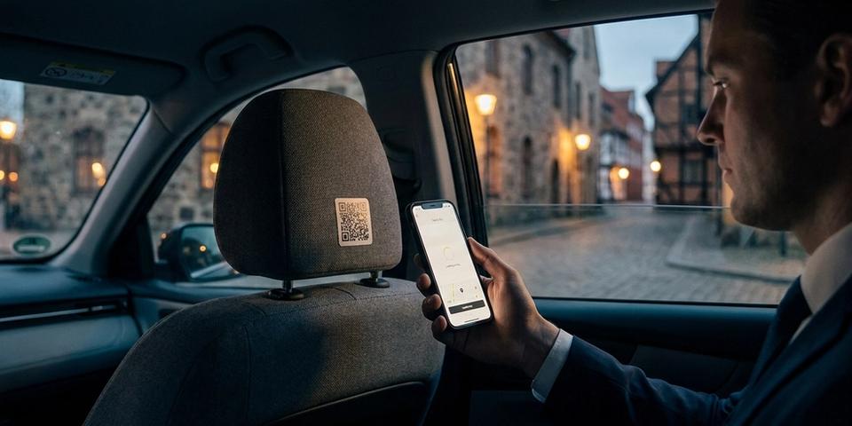 En företagsresenär i baksätet på en taxi skannar en QR-kod på nackstödet och öppnar taxiappen på mobilen