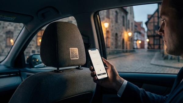 En företagsresenär i baksätet på en taxi skannar en QR-kod på nackstödet och öppnar taxiappen på mobilen