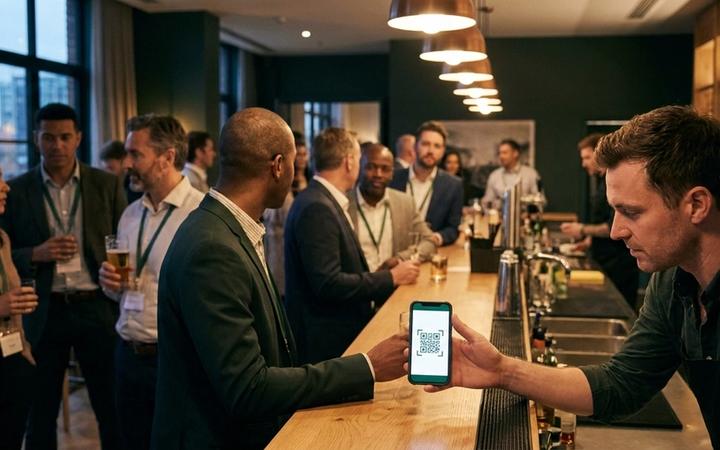 A guest holds out a phone showing a digital voucher as a QR code across a bar counter while the bartender leans in to redeem it, at a busy conference reception.