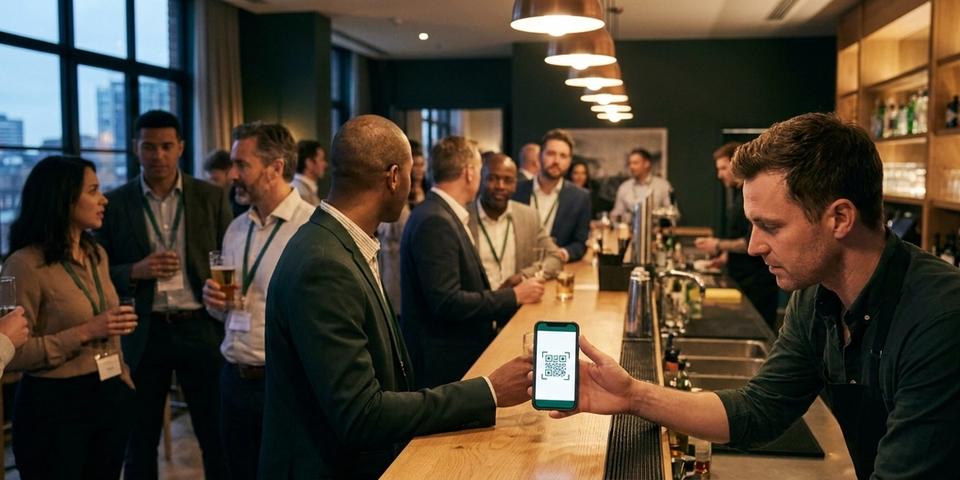 A guest holds out a phone showing a digital voucher as a QR code across a bar counter while the bartender leans in to redeem it, at a busy conference reception.