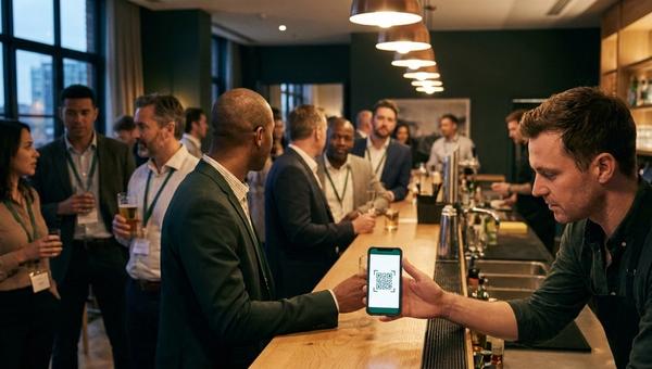 A guest holds out a phone showing a digital voucher as a QR code across a bar counter while the bartender leans in to redeem it, at a busy conference reception.