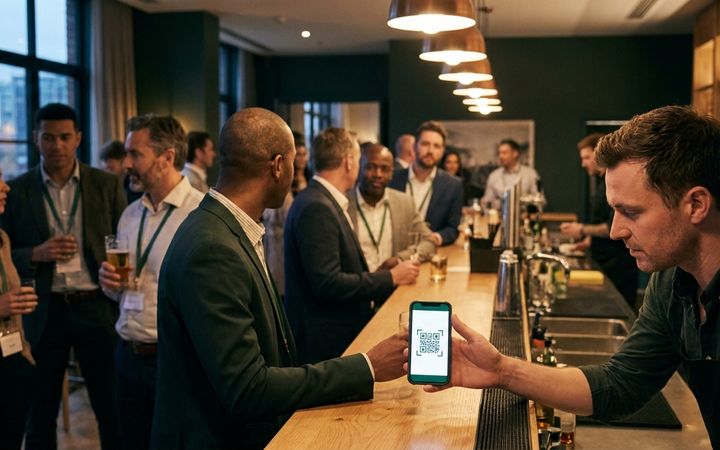 A guest holds out a phone showing a digital voucher as a QR code across a bar counter while the bartender leans in to redeem it, at a busy conference reception.
