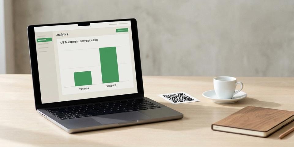 En bärbar dator på ett ljust arbetsbord visar dashboarden för ett A/B-test i qrgeno — två stapeldiagram sida vid sida där variant B ligger före variant A.