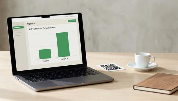 En bärbar dator på ett ljust arbetsbord visar dashboarden för ett A/B-test i qrgeno — två stapeldiagram sida vid sida där variant B ligger före variant A.