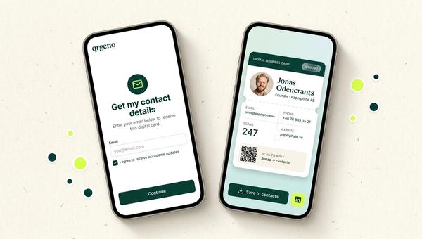 Två mobilskärmar sida vid sida: en e-postgate som ber besökaren om sin mejladress innan visitkortet visas, och det resulterande digitala visitkortet med foto, namn, kontaktuppgifter och en QR-kod att skanna in i adressboken.