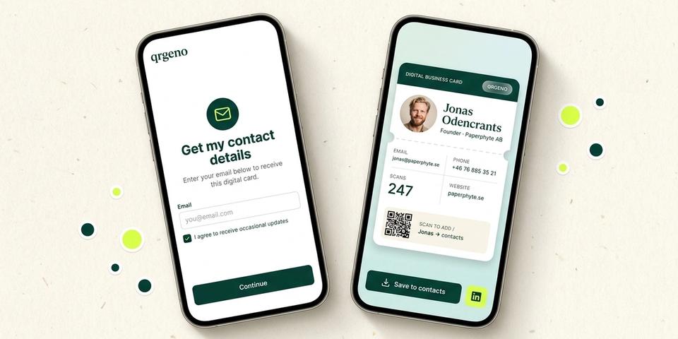 Två mobilskärmar sida vid sida: en e-postgate som ber besökaren om sin mejladress innan visitkortet visas, och det resulterande digitala visitkortet med foto, namn, kontaktuppgifter och en QR-kod att skanna in i adressboken.