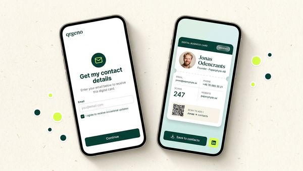 Två mobilskärmar sida vid sida: en e-postgate som ber besökaren om sin mejladress innan visitkortet visas, och det resulterande digitala visitkortet med foto, namn, kontaktuppgifter och en QR-kod att skanna in i adressboken.