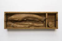 Oak mural with man, catfish and shell, 2017, Oak wood, 266 × 87 × 29 cm (undefined), Daniel Dewar & Grégory Gicquel, Portikus, Frankfurt