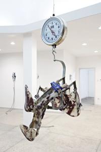 Mathilde, 2018, Hard-plastic orthopaedic braces, medical weight scale, steel rods, cloth straps and aluminium hooks, 100 × 57 × 31 cm (undefined), Berenice Olmedo, Jan Kaps, Cologne