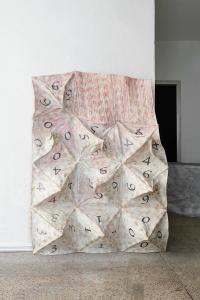 Teller, 2018, Elmer's glue, basswood, toilet paper (Angel Soft Pretty Prints ©2004, Northern Soft Prints Bathroom Tissue ©1984, Family Scott Floral ©1977), and 9B graphite pencil, 159 × 117 × 36 cm (undefined), Nancy Lupo, Jan Kaps, Cologne