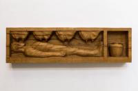 Oak mural with man, udders and vase, 2017, Oak wood, 260 × 73 × 24 cm (undefined), Daniel Dewar & Grégory Gicquel, Portikus, Frankfurt