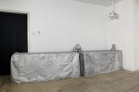 Blazer, Caravan, Matrix, Prism, 2019, Car Covers (1991 Geo Prizm, 1994 Dodge Caravan, 2006 Toyota Matrix, 2002 Chevrolet Blazer), four 6-foot folding tables, aluminium metal paint, 4 units, each: 107 × 200 × 74 cm (undefined), Nancy Lupo, Jan Kaps, Cologne