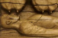 Oak mural with man, udders and vase (detail), 2017, Oak wood, 260 × 73 × 24 cm (undefined), Daniel Dewar & Grégory Gicquel, Portikus, Frankfurt