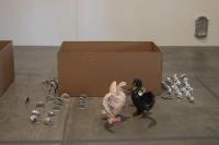 In Medias Res, 2019
26 aluminum Koenig spheres, 4 bronze Koenig spheres (on wall), 37 miniature aluminum bench ends, 1 miniature aluminum bench, 2 miniature long aluminum benches, bars of soap, 2 aluminum dog toys, 1 garden swan, 1 bronze swan, 1 plaster swan mold (near video), 11 pieces of glassware (inside two cartons) and silver leaf
Dimensions variable (undefined), Nancy Lupo, Museum Of Contemporary Art San Diego