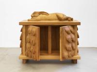 Oak cabinet with giant Flanders rabbit and feet (2022), Daniel Dewar & Grégory Gicquel, Jan Kaps, Cologne