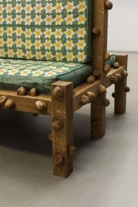 Oak bench with narcissus and snails (detail), 2017, Oak wood, digital embroidery on cushion, 189 × 98 × 50 cm (undefined), Daniel Dewar & Grégory Gicquel, Portikus, Frankfurt