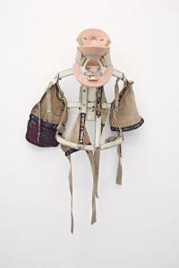 Efélide, 2018, Plastic cervical collar, spinal corset, cloth straps and aluminium hooks, 77 × 33 × 19 cm (undefined), Berenice Olmedo, Jan Kaps, Cologne
