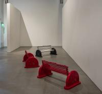 Open Mouth, 2019
Cast aluminum, bronze and iron (16 benches and 10 ‚bones‘, one wax Koenig sphere, styrofoam and string)
Each of 16: 57 x 139,5 x 67,5 cm (undefined), Nancy Lupo, Museum Of Contemporary Art San Diego