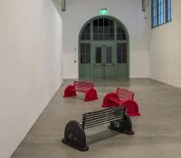 Open Mouth, 2019
Cast aluminum, bronze and iron (16 benches and 10 ‚bones‘, one wax Koenig sphere, styrofoam and string)
Each of 16: 57 x 139,5 x 67,5 cm (undefined), Nancy Lupo, Museum Of Contemporary Art San Diego