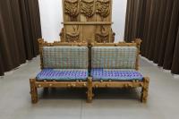 Oak bench with garden tiger moths, wild pansy flowers and snails, 2017, Oak wood, digital embroidery on cushion, 189 × 98 × 111 cm (undefined), Daniel Dewar & Grégory Gicquel, Portikus, Frankfurt