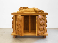 Oak cabinet with giant Flanders rabbit and feet (2022), Daniel Dewar & Grégory Gicquel, Jan Kaps, Cologne