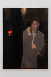 Last drink in Berlin with Mihda and Paolo (who's inside the restaurant) before leaving for Paris., 2019, Vinyl print and oil on canvas, 185 x 140 cm (undefined), Tobias Spichtig, Kaleidoscope At Spazio Maiocchi, Milan