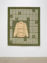 Embroidered quilt with lime hawk moths, green stink bugs, oxeye daisy flowers and shirt (2022), Daniel Dewar & Grégory Gicquel, Jan Kaps, Cologne
