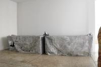 Blazer, Caravan, Matrix, Prism, 2019, Car Covers (1991 Geo Prizm, 1994 Dodge Caravan, 2006 Toyota Matrix, 2002 Chevrolet Blazer), four 6-foot folding tables, aluminium metal paint, 4 units, each: 107 × 200 × 74 cm (undefined), Nancy Lupo, Jan Kaps, Cologne