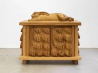 Oak cabinet with giant Flanders rabbit and feet (2022), Daniel Dewar & Grégory Gicquel, Jan Kaps, Cologne