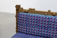 Oak bench with wild pansy flowers, garden tiger moths and snails (detail), 2017, Oak wood, digital embroidery on cushion, 189 × 98 × 111 cm (undefined), Daniel Dewar & Grégory Gicquel, Portikus, Frankfurt