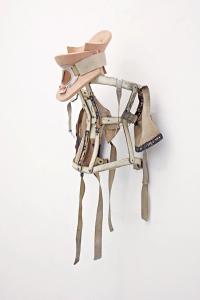 Efélide, 2018, Plastic cervical collar, spinal corset, cloth straps and aluminium hooks, 77 × 33 × 19 cm (undefined), Berenice Olmedo, Jan Kaps, Cologne