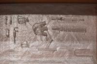 In Medias Res, 2019
26 aluminum Koenig spheres, 4 bronze Koenig
spheres (on wall), 37 miniature aluminum bench
ends, 1 miniature aluminum bench, 2 miniature
long aluminum benches, bars of soap, 2 aluminum
dog toys, 1 garden swan, 1 bronze swan, 1 plaster
swan mold (near videos), 11 pieces of glassware
(inside two cartons), and silver leaf
Dimensions variable (Detail) (undefined), Nancy Lupo, Museum Of Contemporary Art San Diego