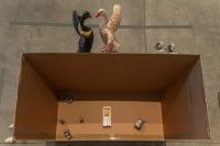 In Medias Res, 2019
26 aluminum Koenig spheres, 4 bronze Koenig spheres (on wall), 37 miniature aluminum bench ends, 1 miniature aluminum bench, 2 miniature long aluminum benches, bars of soap, 2 aluminum dog toys, 1 garden swan, 1 bronze swan, 1 plaster swan mold (near video), 11 pieces of glassware (inside two cartons) and silver leaf
Dimensions variable (undefined), Nancy Lupo, Museum Of Contemporary Art San Diego