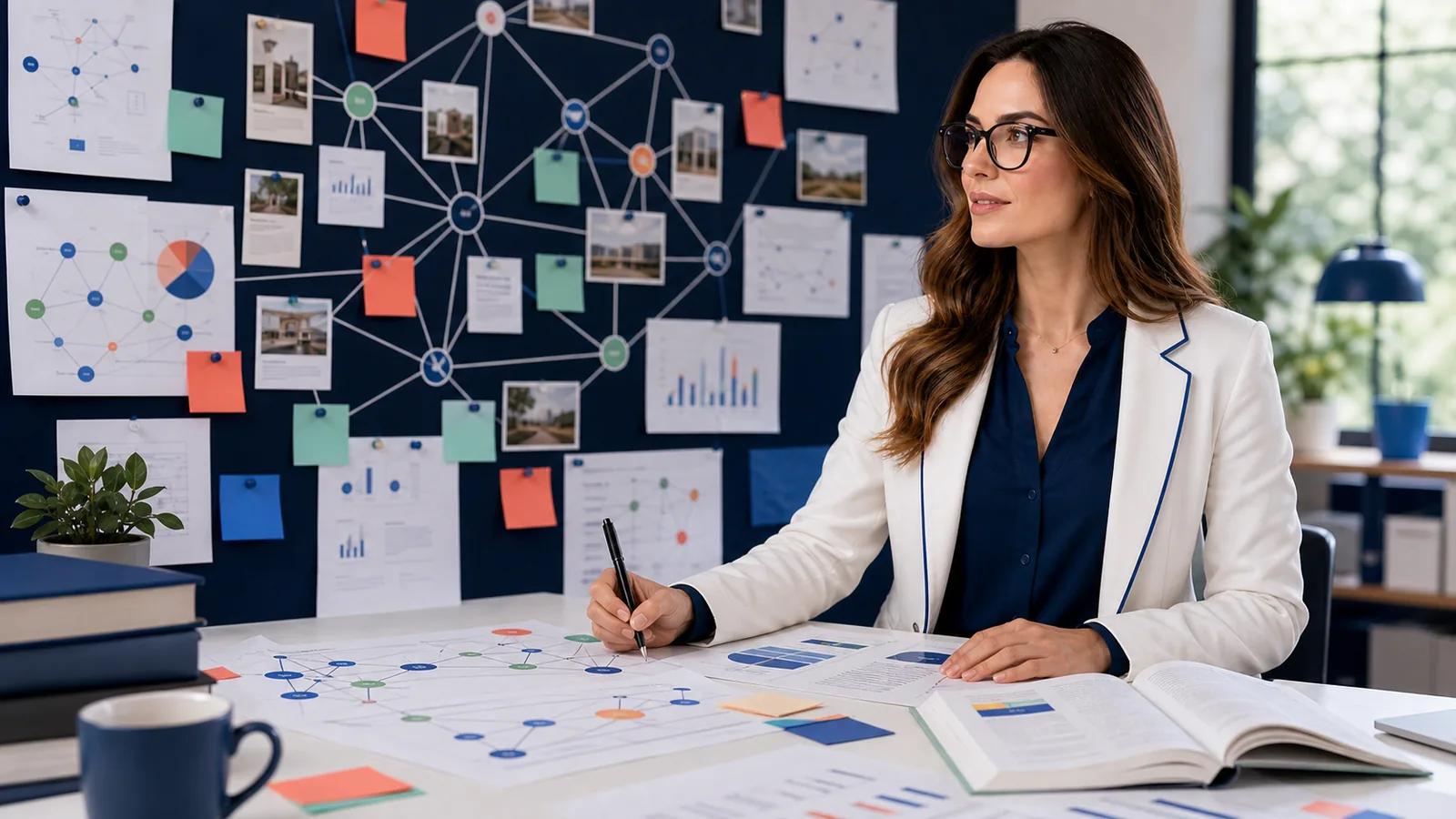 Illustration of Lia reviewing connected topic maps and charts