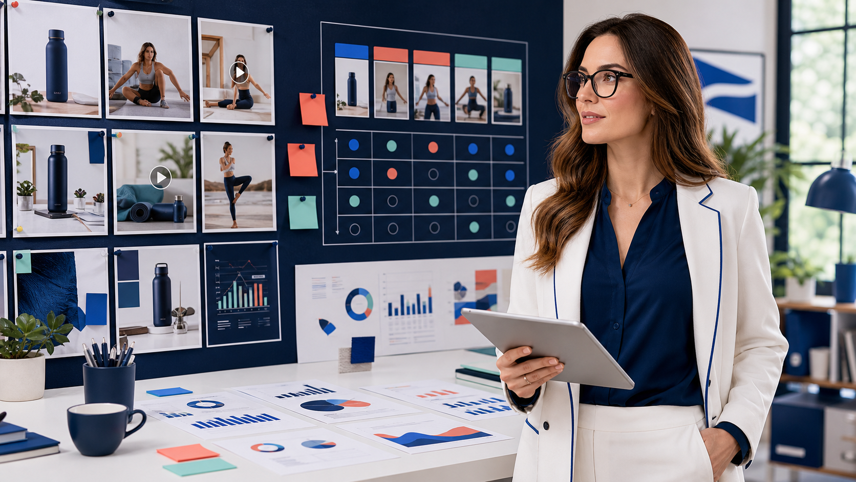 Lia reviewing Meta Ads creative variations and an evidence-based test matrix.